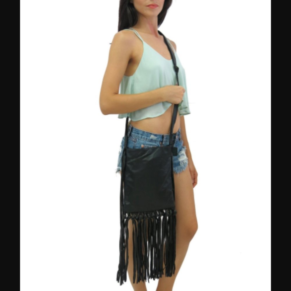 Ecote Oversized Leather Fringe Cross Body Bag Black